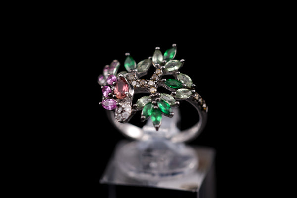 Diamond, Sapphire & Garnet Flora Ring