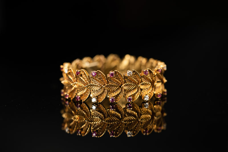 18K Yellow Gold Leaf Bracelet with Diamonds & Rubies