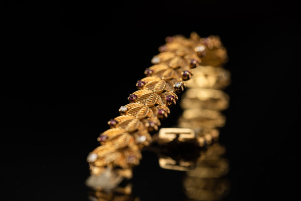 18K Yellow Gold Leaf Bracelet with Diamonds & Rubies