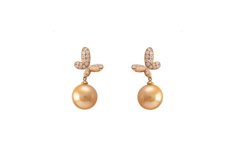 Golden South Sea Pearl Diamond Butterfly Design Earrings