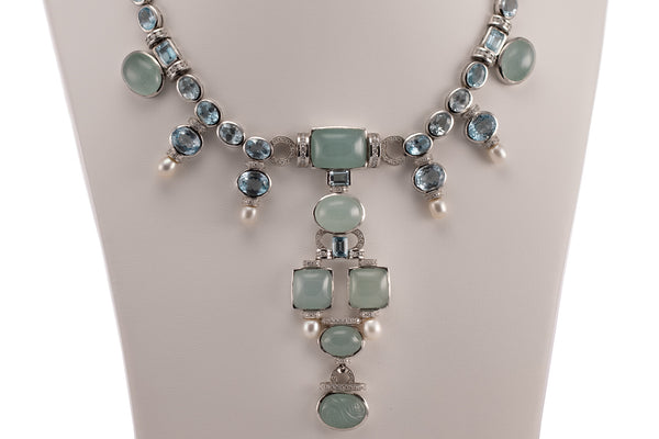 Diamond, Aquamarine & Pearl Necklace