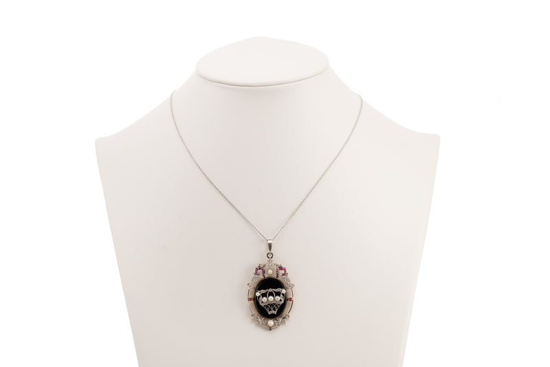 Art Deco Onyx, Ruby, Pearl & Diamond Necklace